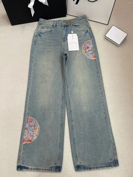 Frauen Jeans Frauen die ganze Saison Baumwolle High-Taisten Stickerei Straight Jeanshose Klassische chinesische Stil Vintage Loose Female Kleidung