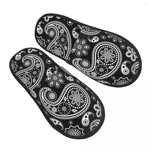 Тапочки Мужчины Женщины плюшевые внутренние белые пейсли на черном фоне теплые мягкие туфли домашняя обувь осень зима 2024