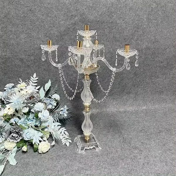 Decoração de partidos por atacado Clear Candlestick Holder Candelabra 5 Armas Peda central de vela alta para casamento