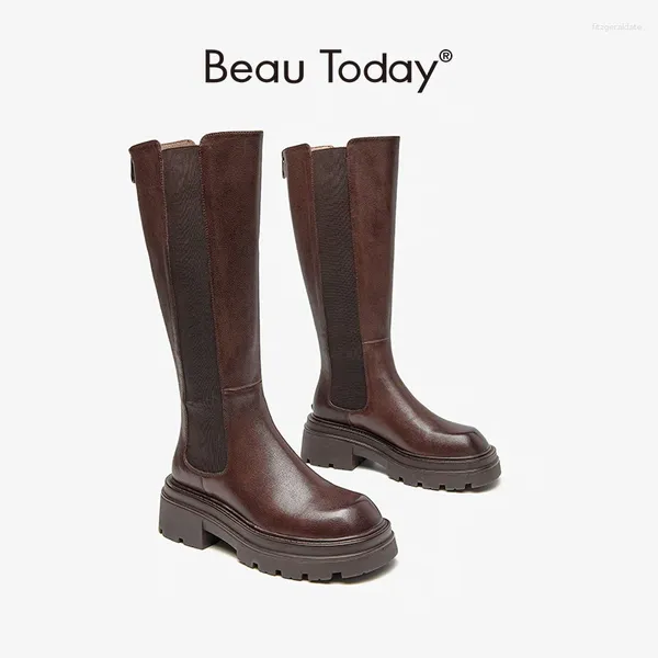 Boots Beautoday Long Women Женщины подлинная телячья кожаная воска круглая эластичная эластичная полоса повседневная дама платформа Sole обувь ручной работы 01581
