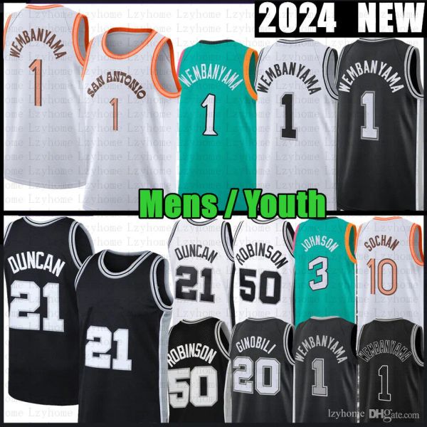 1 Victor Wembanyama Basketball Jerseys Mens Youth 3 Keldon Johnson David Robinson 21 Cidade da cidade camisetas retro 2024