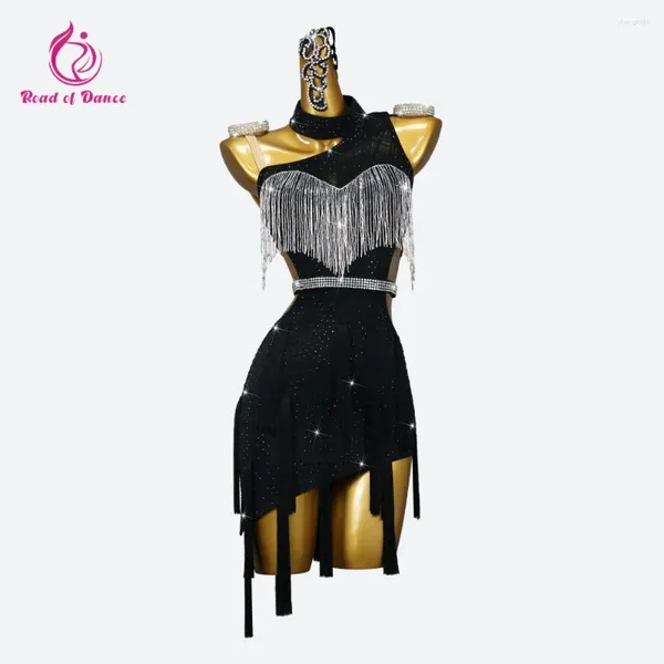 Abbigliamento da palcoscenico abito da ballo latino nero da donna abiti da competizione per linea cabaret palla elegante costume da ragazza sexy gonna midi