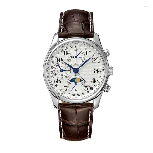 Armbanduhren Luxus Herren Mechanical Watch Moon Phase Automatisch braune Leder Master Relogio Maskulino