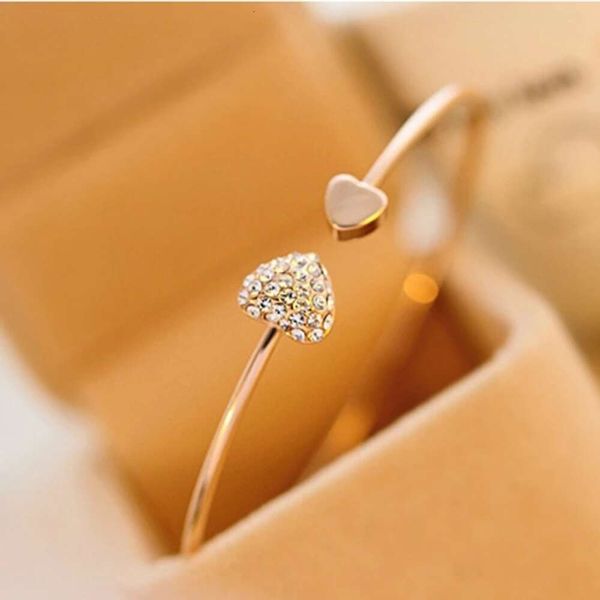 Hot Sale New Fashion Fashion Gold Crystal Double Heart Bow Bilezik Open Cuff Bracelet para mulheres jóias Mujer pulseras