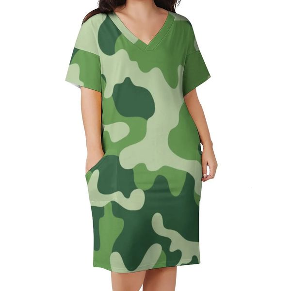 Abito da militaire mimetico plus size green camo in cammino stile casual donna estate a maniche corte abiti eleganti regalo 240417