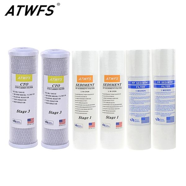 Purifikatoren ATWFS Wasserfilterpatrone 2PCS 5MICRON PPF Baumwolle+ 2pcs 1micron PPF Baumwolle+ 2 PCs Aktivkohlenstoff Umkehrosmosesystem aktiviert