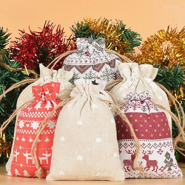 Borse per la spesa 50 pezzi all'ingrosso Merry Christmas Linen Clowstring 10 14cm 13 18 cm Piccolo Storage Kids Caschi tascabili bomboniere