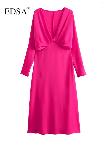 Vestidos casuais edsa mulheres elegantes rosa rosa mancha longa vestido comprido 2024 manga de verão ruched midi profundo decote em v para festa de dança feminina