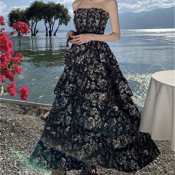 Lässige Kleider Sommer Rückenless Strand Langes Kleid für Frauen Fahsion Ärmeloses von der Schulterabdruck Blumenvestos Elegante Abendparty