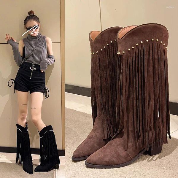 Boots Designer Tassels Cowboy for Women Fashion Modaned toe deslize em longas saques elegantes de calcanhar quadrado