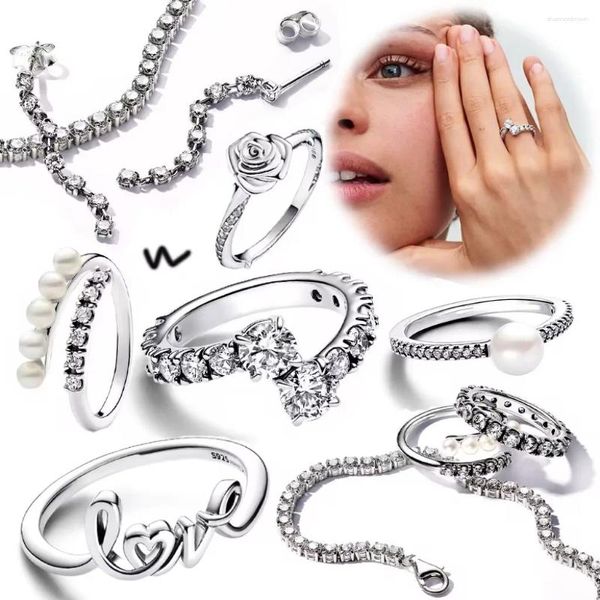 Anéis de cluster 2024 925 Sterling Silver Ring Sparkling Wishbone Heart Love manus
