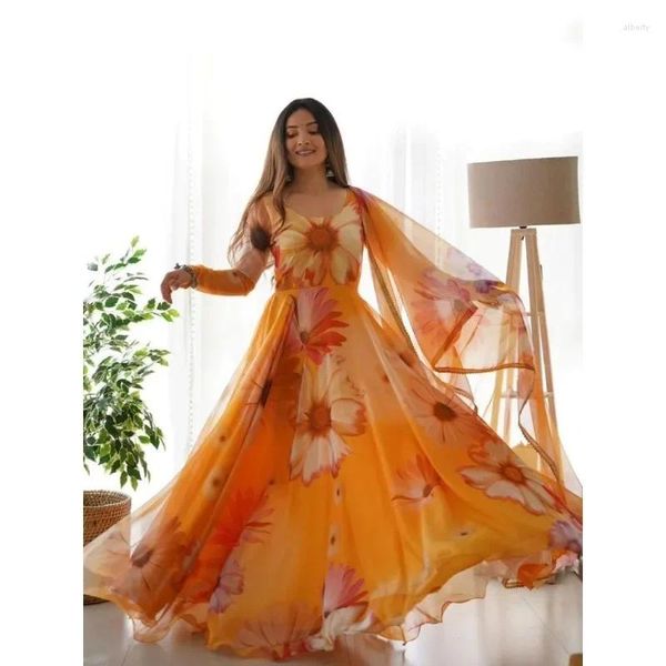 Etnik Giyim Organza Sarı Anarkali Elbisesi Set Kadınlar Salwar Kameez festival için