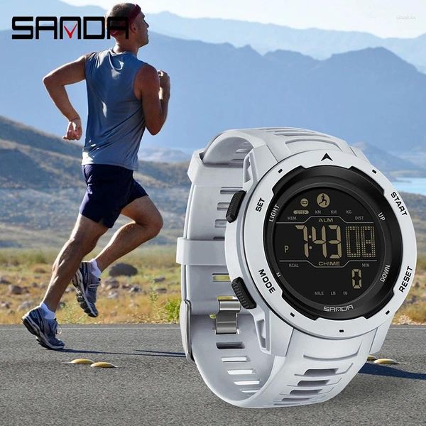 Нарученные часы Sanda Brand Men Watch Targy Sports Sport Clock Pecomories Калории 50 м. Водонепроницаемые наручные часы военные Relogio Masculino