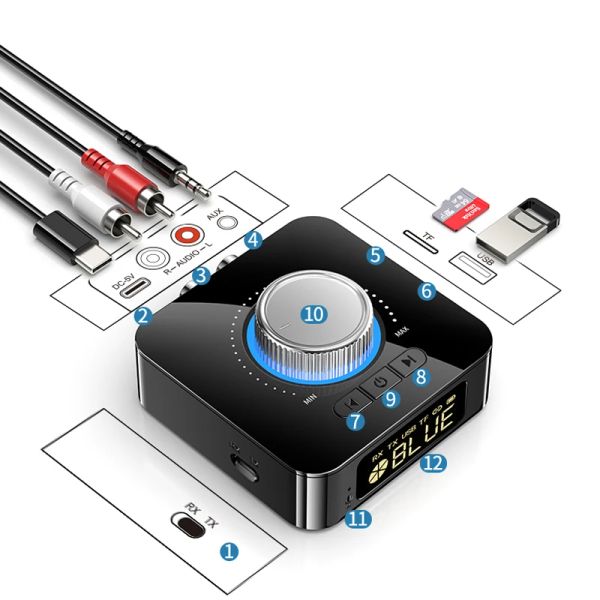 Адаптер Bluetooth -приемник светодиод BT 5.0 Stereo Aux 3,5 мм Джек RCA RIDSFREE CALL TF UDISK TV CAR Беспроводной аудио -адаптер беспроводной адаптер