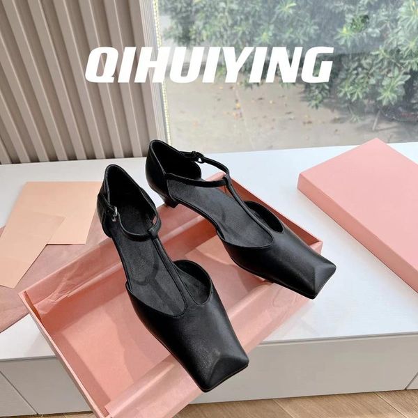 Sandalen 2024 Qihuiying handgefertigt mit echten Lederschnalle-Straße Mules Schuhe Square-Toe Spike Ferse Gladiator Mary Janes Botas Mujer