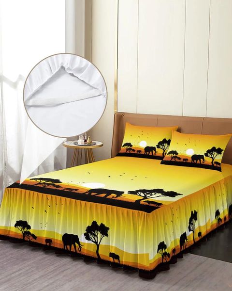 Saia da cama African Sunset Landscape Animal Elephant Silhouette Cedspuleded com travesseiros