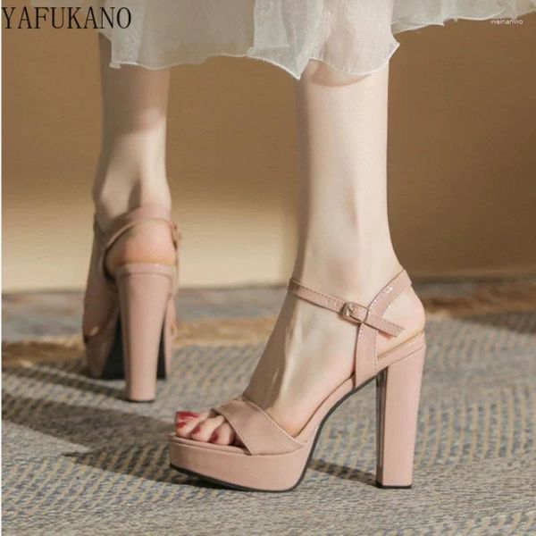 Sandalet moda kalın topuk platform kadın yaz seksi parti balo yüksek topuklu çıplak siyah ayak bileği kayış iş ayakkabıları boyutu 41 42