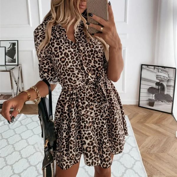 Vestido de camisa feminina moda moda outono lady leopard vestido tany bate waist roll up manga botões de colarinho de gole plissado 240419