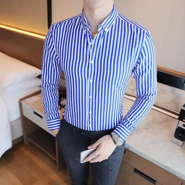 Camicia a strisce da uomo a maniche lunghe slim business casual gioventù di tendenza fresca camicie abiti formali 240418