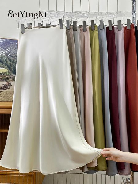 Beiyingni Элегантные атласные юбки с высокой талией Женщины элегантная роскошная корейская длинная макси-русалка юбка русалка Случайные офисные дамы A-Line Faldas 240407