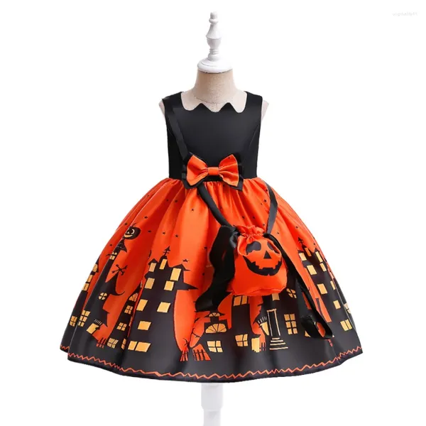 Mädchenkleider 2024 Halloween Muster Mädchen Kleid Kind Karneval Party Kostüm Kürbis Witch Cosplay Prinzessin 3 4 5 6 7 8 9 10 Jahre