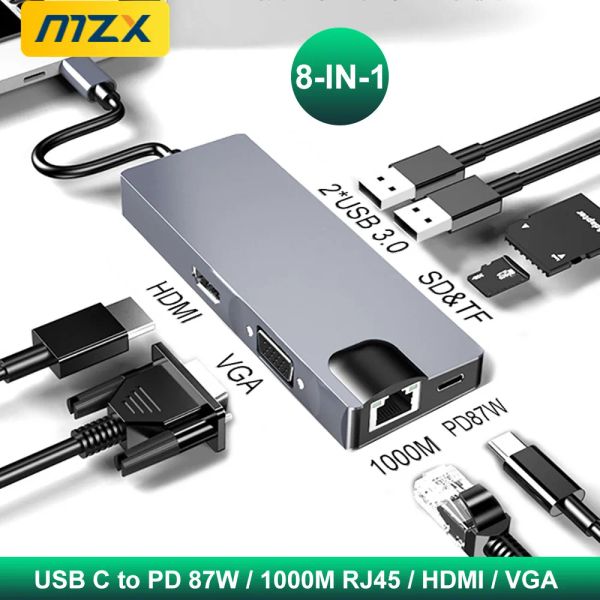 Hubs MZX 8in1 1000MBPS RJ45 PARADO DE PODEÇÃO DE USB HUB 3.0 TIPO C Ethernet Extensor 3 0 Adaptador Dock VGA PD 4K para MacBook HDMI