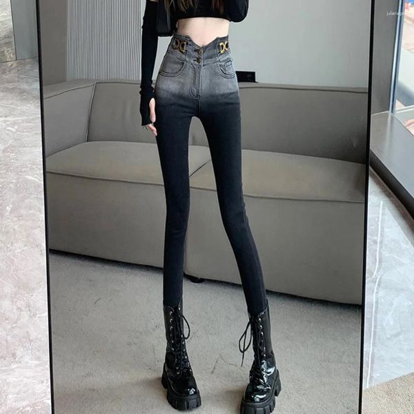 Jeans feminino Gradiente preto Cintura alta para mulheres 2024Autumn Slim Stretch Fish Lápis calças de jeans y2k streetwear calças casuais femininas