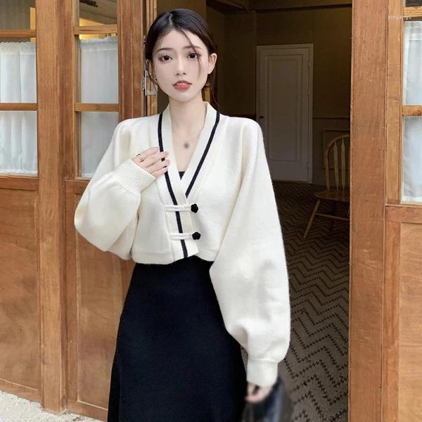 Damen Strick kurzer Mantel Stricke Langarmpullover Strickjacken chinesischer Stil Kontrastfarben Koreanische Version V Hals