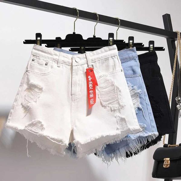 Shorts femininos zoki tamanho grande rasgado jeans shorts de verão tamel de cintura alta jeans preto jeans coreano algodão puro strt wear y240420