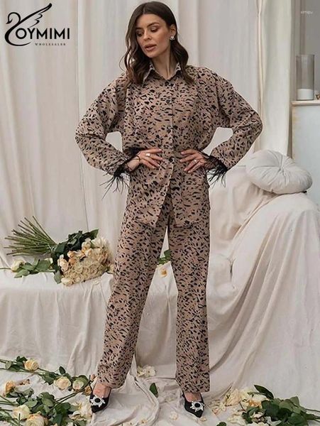 Pantaloni da due pezzi da donna Oymimi Fashion Stampa marrone chiaro Donne 2 Set di camicie a maniche lunghe e maniche lunghe e pantaloni dritti