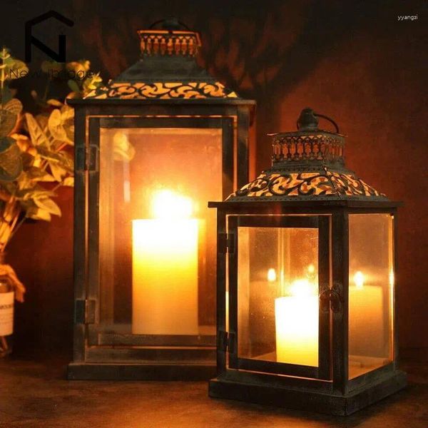 Titulares de vela Titular de ferro forjado vidro Retro Black Garden Floor grande Casamento de lanterna de velas ao ar livre