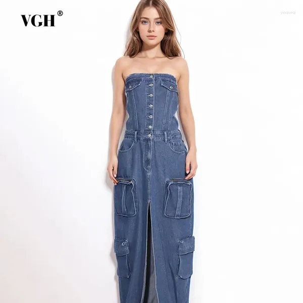 Повседневные платья VGH Сплошные лоскутные карманы джинсовая ткань для женщин без бретелек без рукавов высокая талия сплайсин