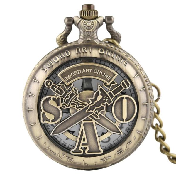 Bronze Retro Hollow Out Case Sword Art Online Pocket Pocket Watch Quartz FOB Chain Chain Clock Analog Presente Crianças Reloj de Bolsillo8479684