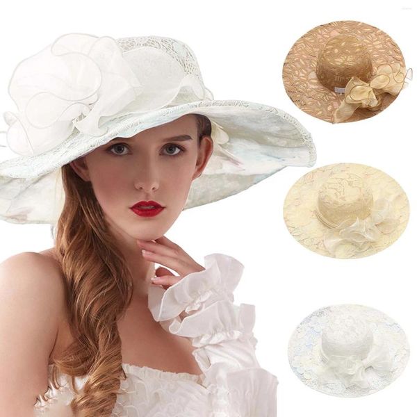 Cappelli larghi Brim Elegant Women's Lace Flower Sblock Cappello con grande estate Sun Sun Mascia pieghevole Mesh Responsabile Capo verso l'alto