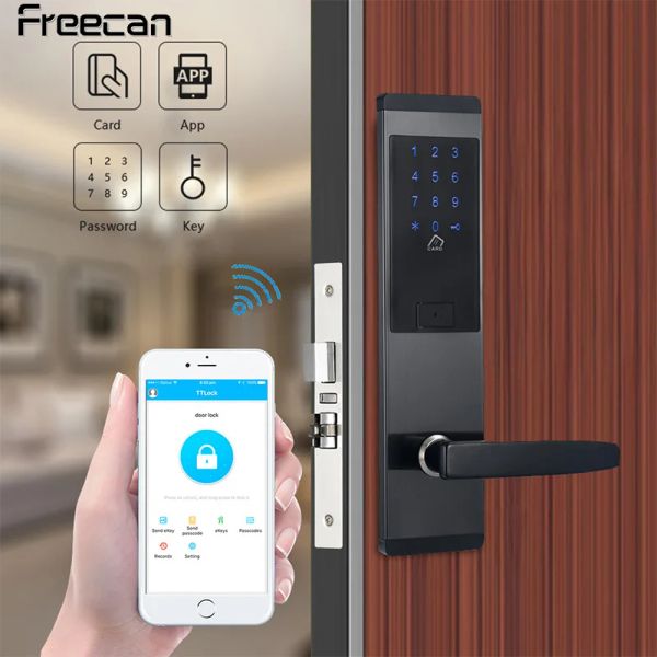 Controle Freecan Hotel Lock de porta eletrônica com Bluetooth App Ttlock Digital Smart Lock com Código RFID Card Desbloqueio