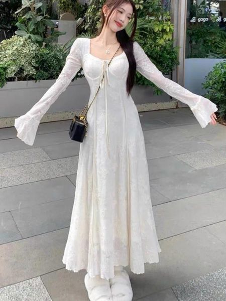 Vestidos casuais Spring Long for Women Lace Up A-Line Party Dress Sleeve Autumn Solid Elegante Prom Robe Vestidos Mujer