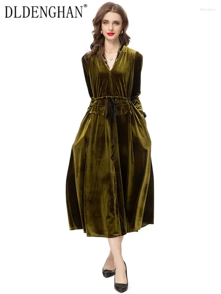 Lässige Kleider Dldenghan Frühling Velvet Kleid Frauen Beading V-Ausschnitt Langarm Langarm Schnüre-up Vintage Party Modedesigner