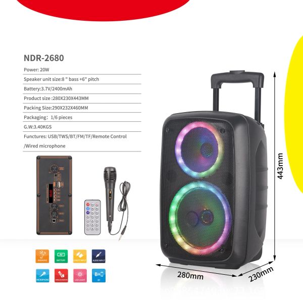 Altoparlanti 8 pollici da 60w a canna a canna audio audio esterno audio bluetooth audio 8 + 6 pollici anello luminoso subwoofer ad alta potenza caixa de som colonna