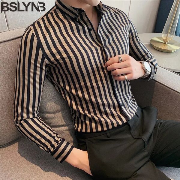 2023 Camisas de primavera homens vestidos listras verticais slim casual camisa de manga longa masculina quimise homme smoking 240409