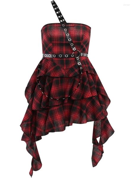 Abiti casual Grid a quadri rossi scuri punk punk lolita cosplay abito in pelle subculturale vestito irregolare donna in topless