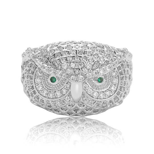 Hip Hop Owl Green Ring Micro Diamond Personalizado Jóias de Hip Hop S925 Anel de moda de prata para homens Mulheres