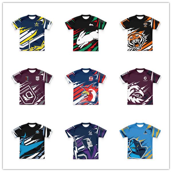 2024 Neue Hähne Storm Haie Cowboys Titanen Maroons Sea Eagles Rabbitohs Tiger Indigenous Fischerei Rugby Jersey Kinder Jungen Mädchen Outdoor Sportwear T -Shirt Shirt