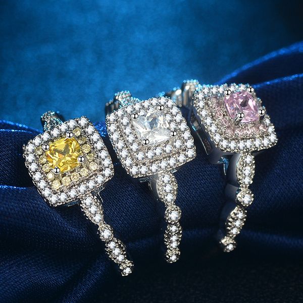 Luxo Crystal Diamond Chinese Unhed Deding Designer Rings For Women Girls S925 Prata Branca Rosa Amarelo Pedra Elega CZ Zircão Anilos Jóias de Anel de Ring Jóias