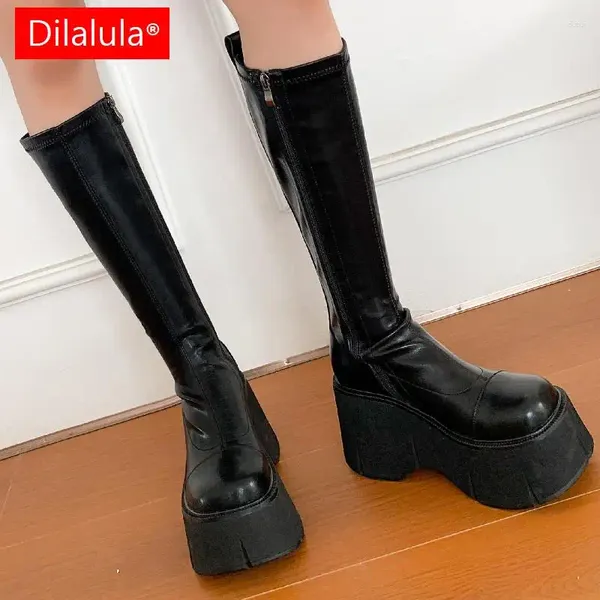 Stiefel Dilalula sexy Punkstil Frauen Knie hohe Stretch Herbst Winter echtes Lederplattform Keile Heels Schuhe Frau