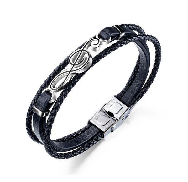 Mens Black Charm Leather Brafets Bracelets Clasp Fashion Music Note Design Design Hip Hop Jóias Punk Men Bracelet Handmade para Gift3536309