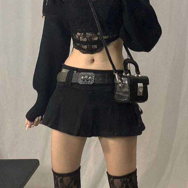 Saias Goth Pastel Micro Shairs Baixa Rise Pocket Pocket Black Trabalho A-line Skirt Estetic Set retro Homestay Strwear Style Y2K Y240420