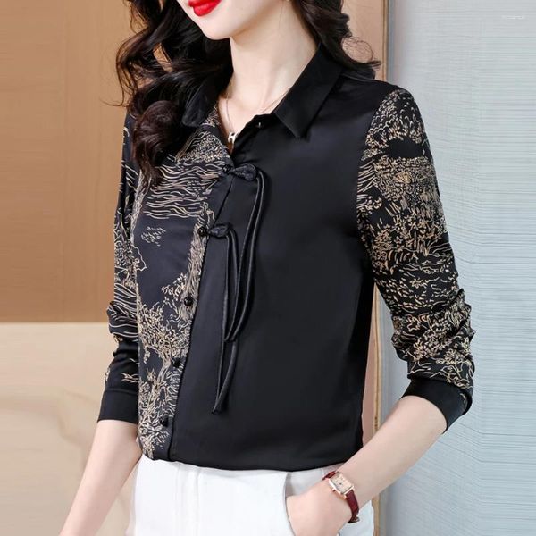 Blusas femininas 2024 elegante estilo hanfu chinês botão de nó chinês Tops impressos mulheres sexy mulheres primavera camisetas no verão