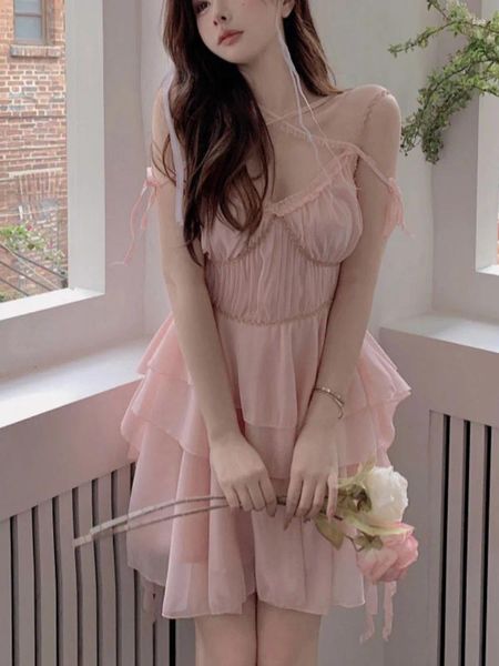 Lässige Kleider rosa Blumenkleid von Frauen 2024 Sommer Strand elegante Dame sexy Abend Party Ein -Stück koreanische Mode