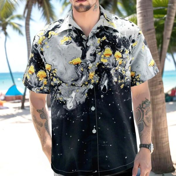 Camisas casuais masculinas mapa havaiana impressa camisa de praia solta praia de manga curta química floral homme de luxo