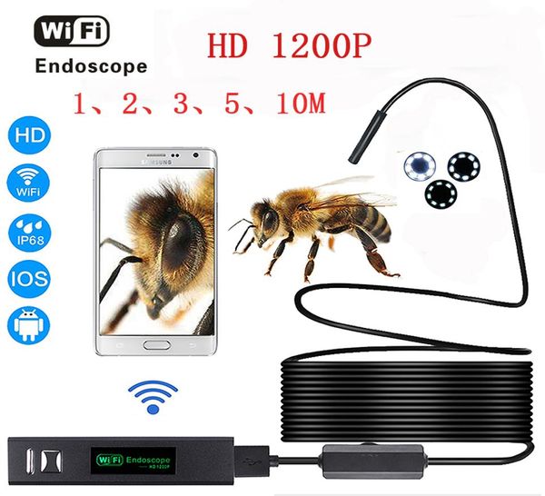 Câmera de endoscópio Wi -Fi HD 1200P com Android iOS Endoscopio 8 LED 8mm Impéções à prova d'água Câmera de tubo de borescope 110m Cable8703396